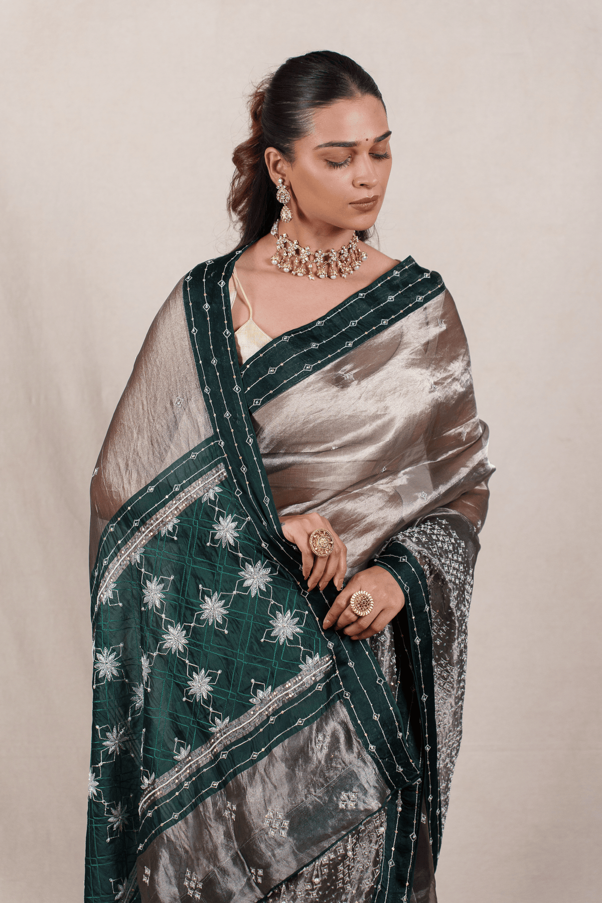 Green Antique Bronze Tissue Zardozi Saree