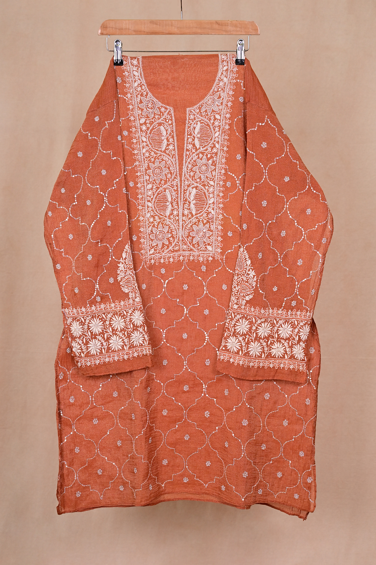 Rust Orange Tissue Chanderi Chikankari Co-ord Set