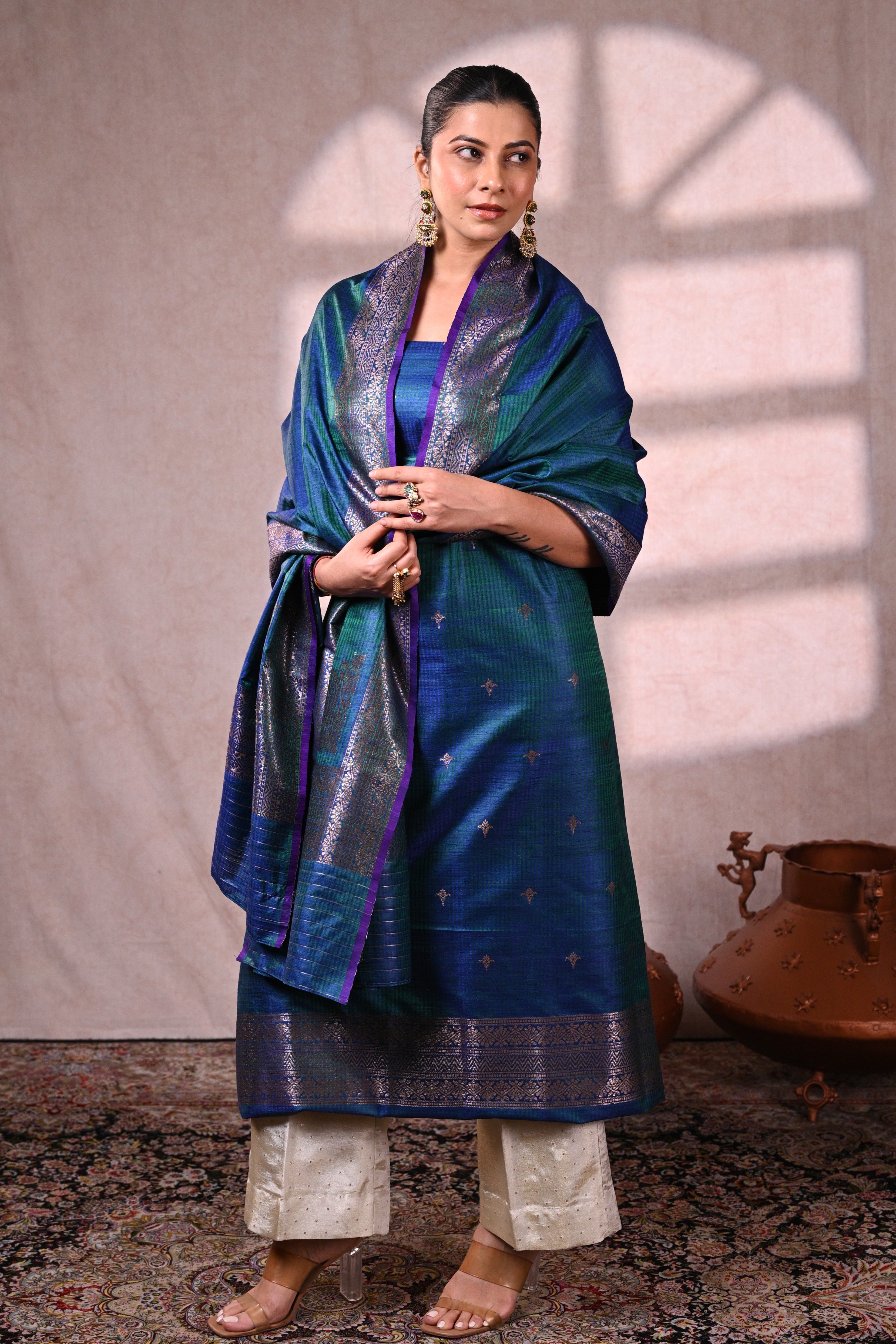 Peacock Blue Raw Dupion Silk Banarasi Suit