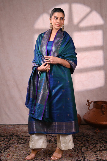 Peacock Blue Raw Dupion Silk Banarasi Suit