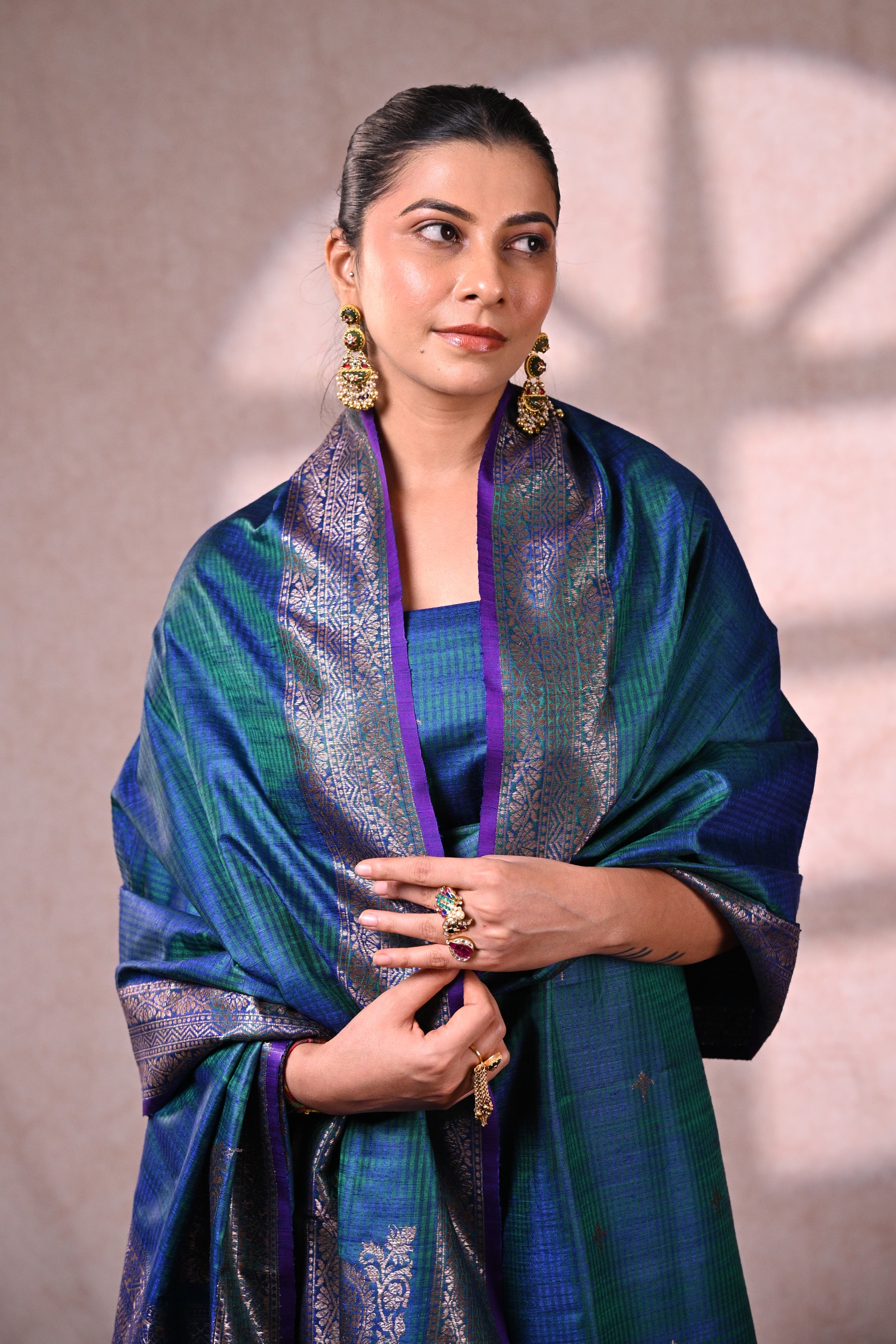 Peacock Blue Raw Dupion Silk Banarasi Suit