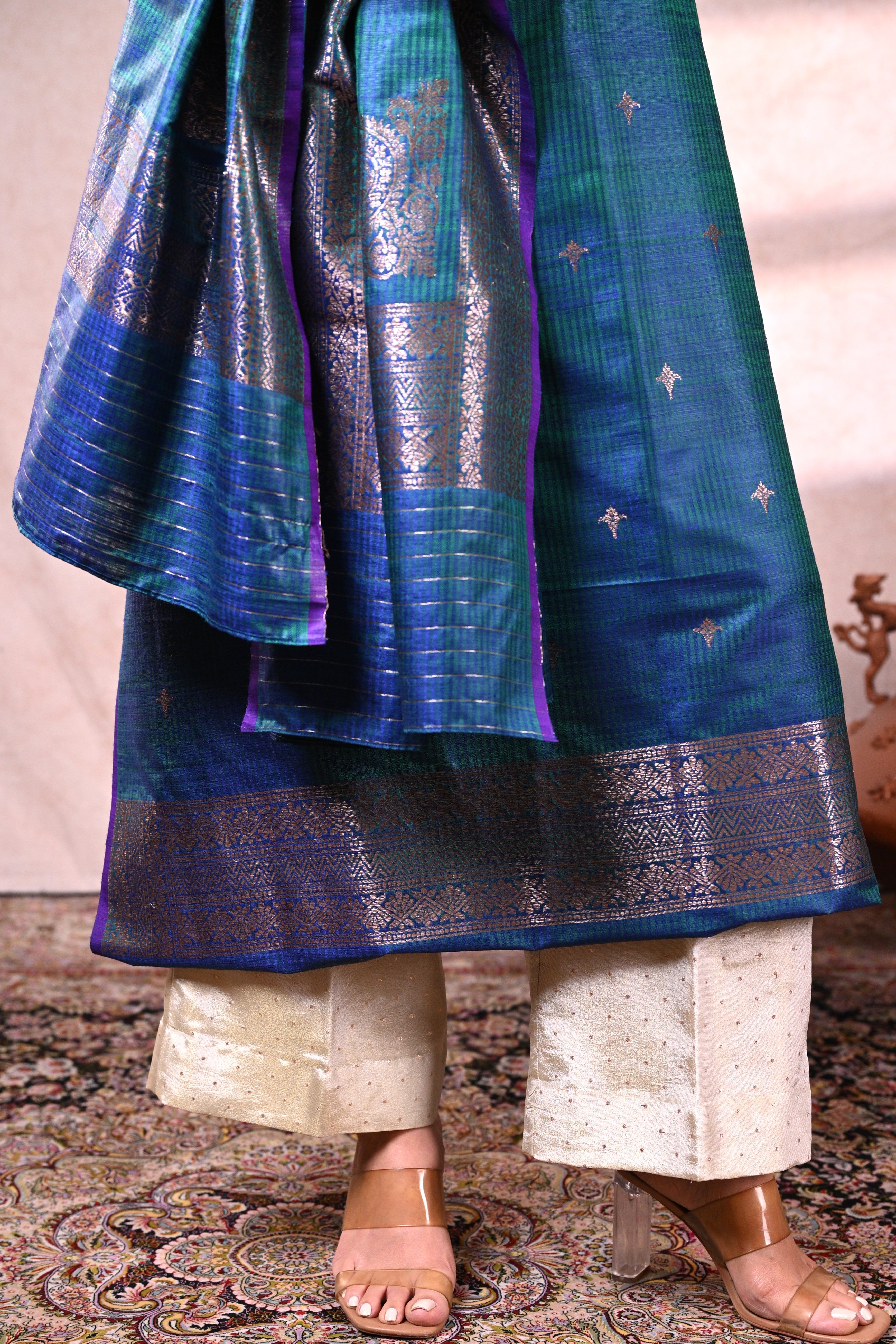 Peacock Blue Raw Dupion Silk Banarasi Suit