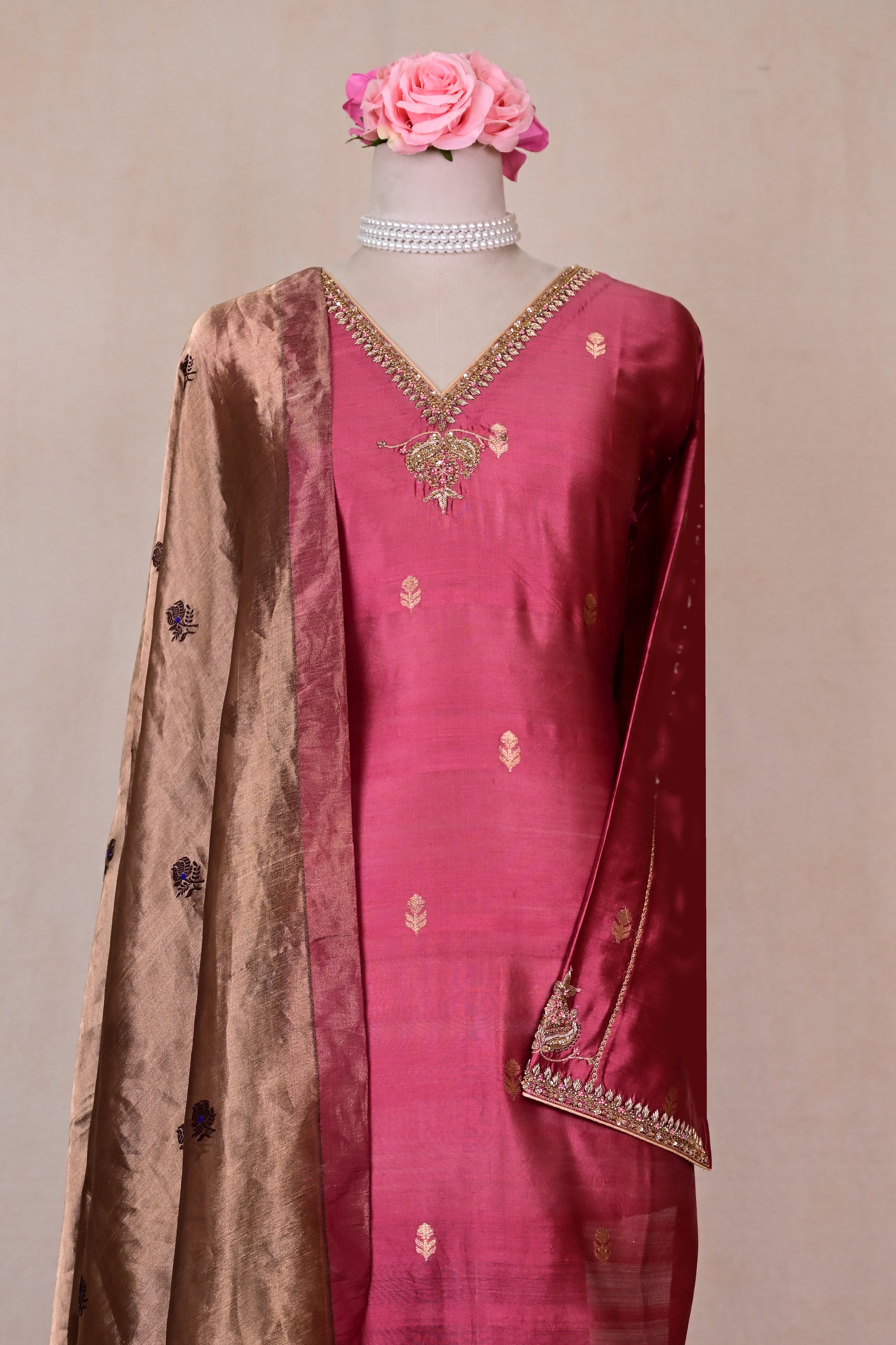 Dusty Rose Mubarakhpur Silk Zardozi Suit