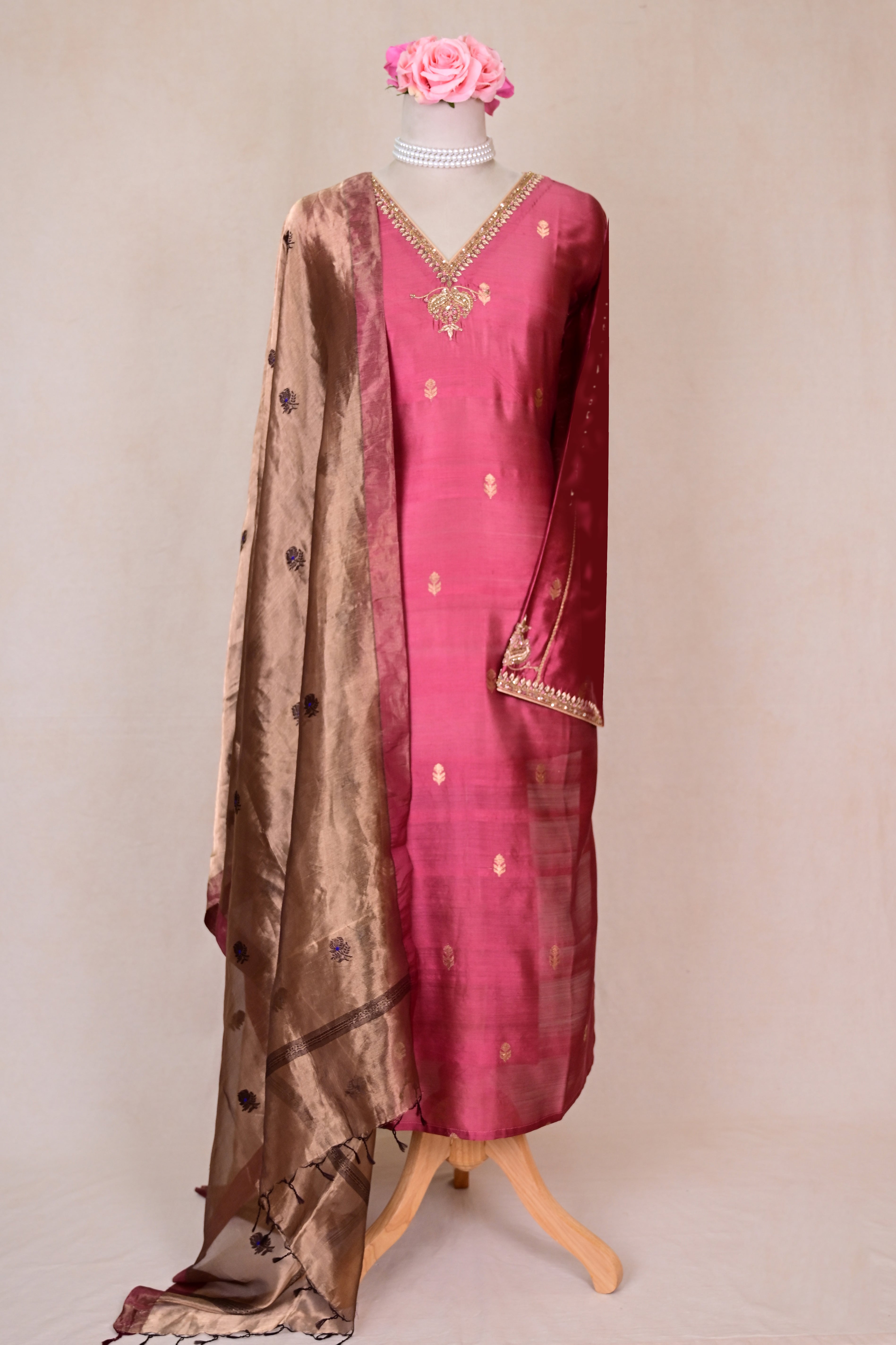 Dusty Rose Mubarakhpur Silk Zardozi Suit