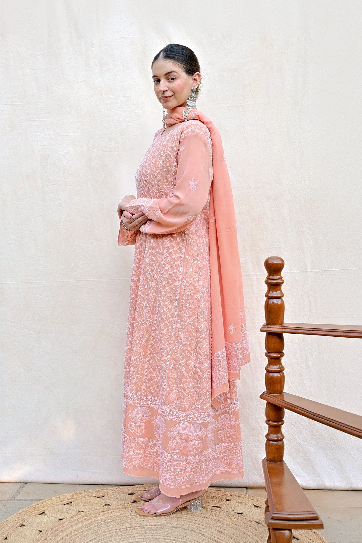 Peach Orange Georgette Chikankari Anarkali