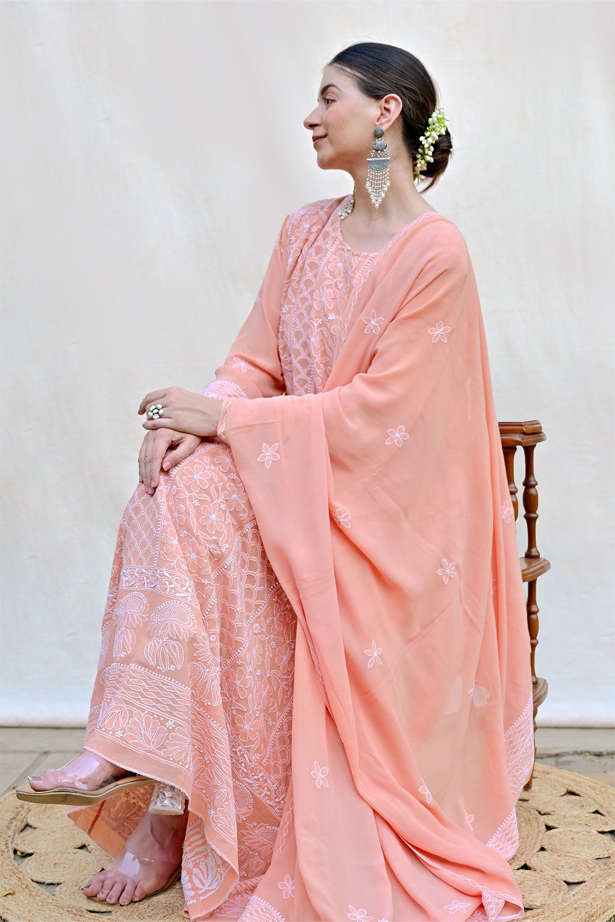 Peach Orange Georgette Chikankari Anarkali