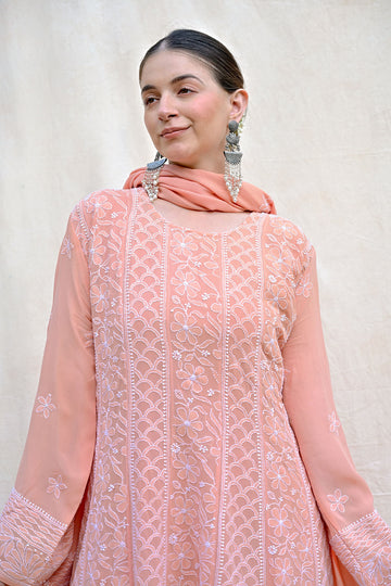 Peach Orange Georgette Chikankari Anarkali