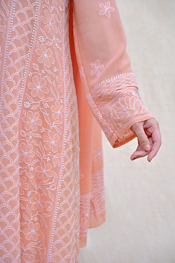 Peach Orange Georgette Chikankari Anarkali