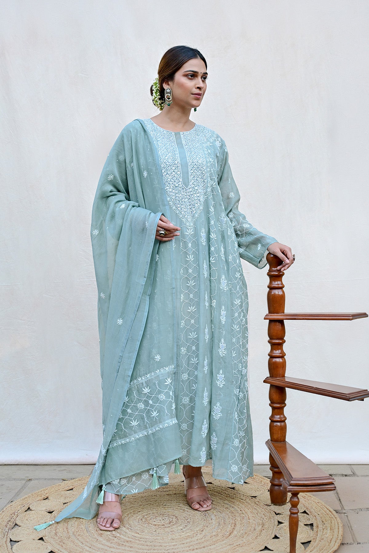 Sage Green Mul Chanderi Chikankari Anarkali