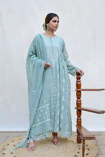 Sage Green Mul Chanderi Chikankari Anarkali