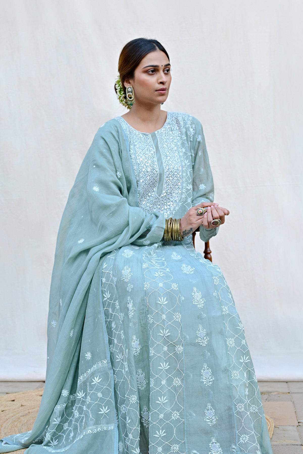Sage Green Mul Chanderi Chikankari Anarkali