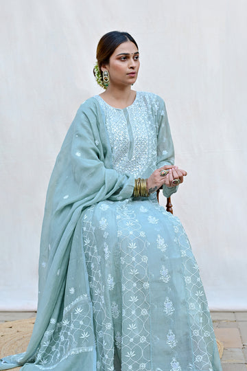 Sage Green Mul Chanderi Chikankari Anarkali