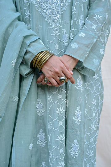 Sage Green Mul Chanderi Chikankari Anarkali