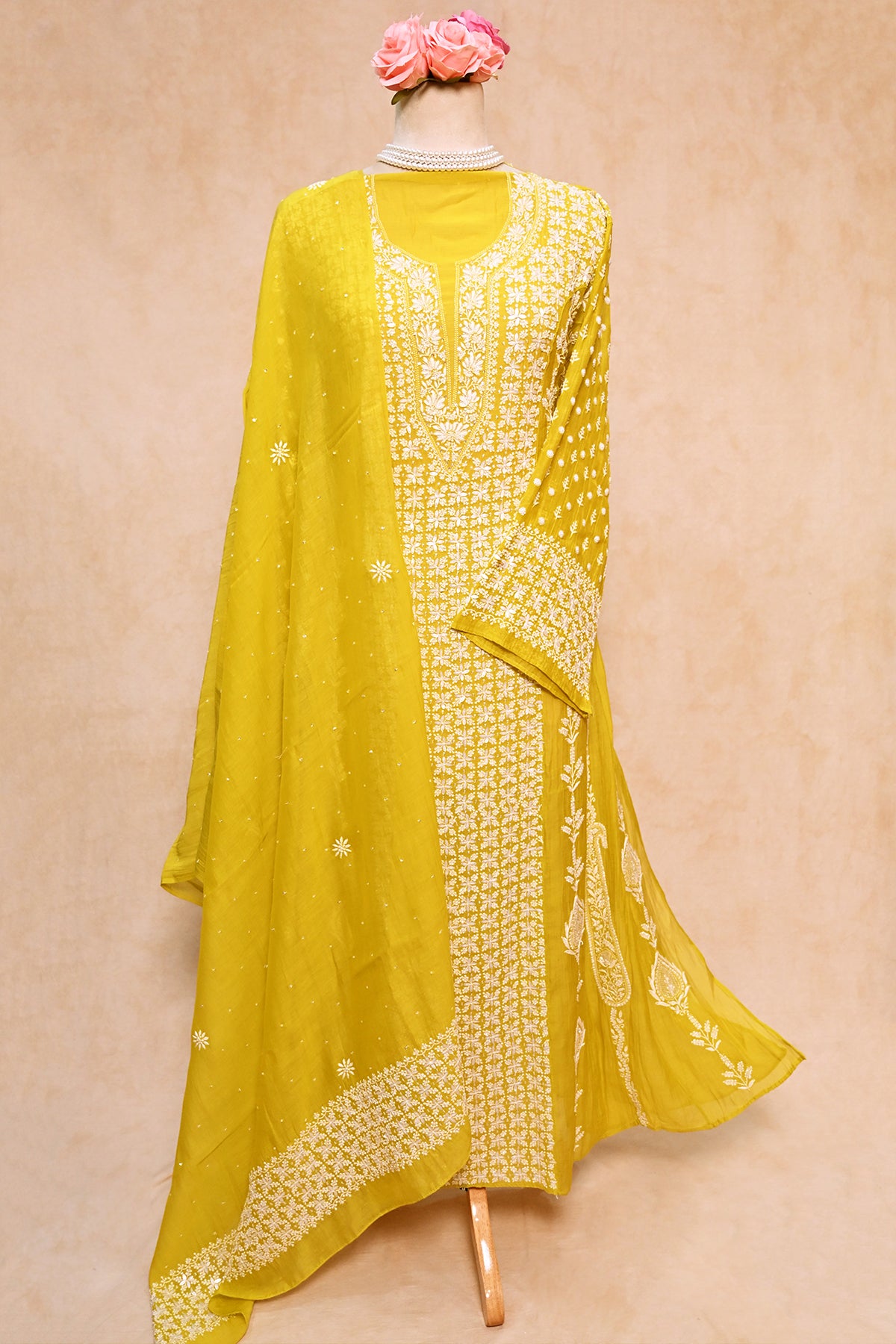 Lemon Green Soft Chanderi Chikankari Anarkali