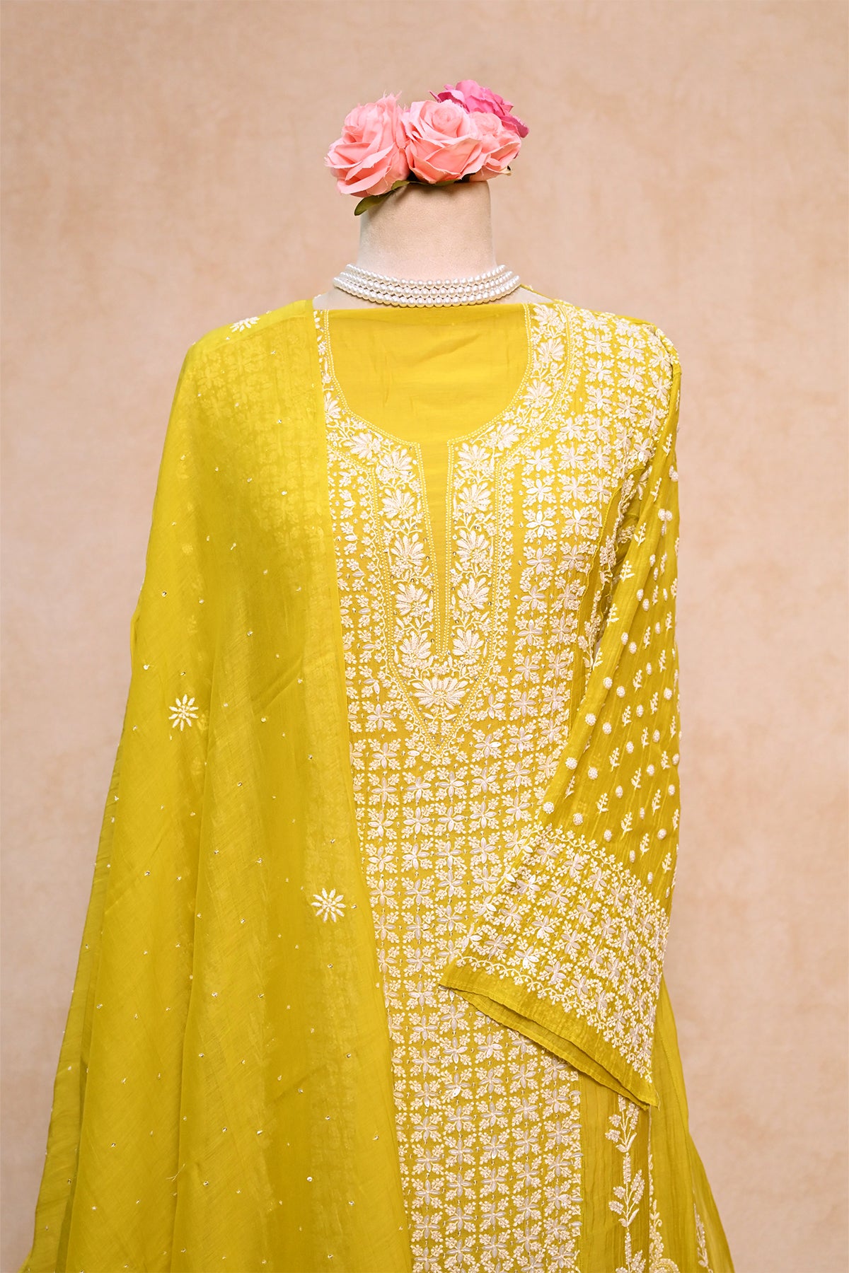 Lemon Green Soft Chanderi Chikankari Anarkali