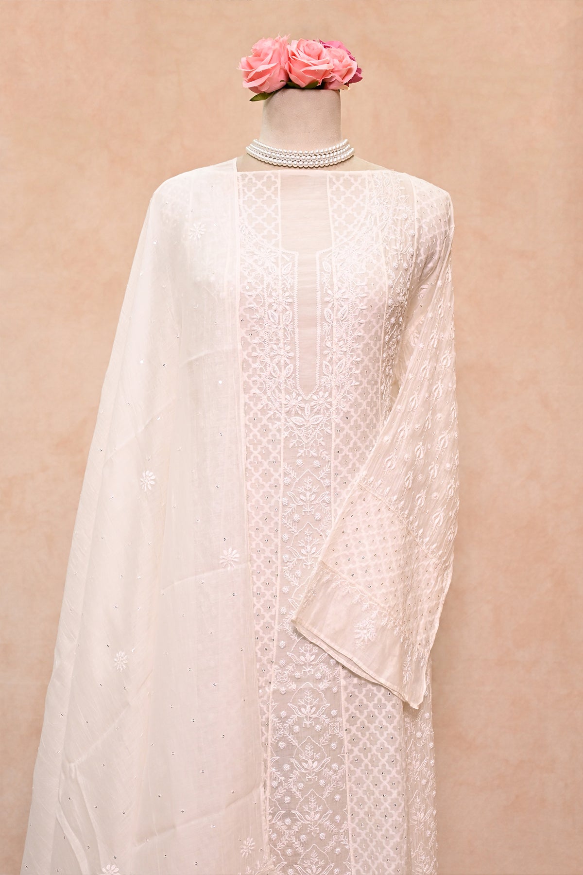 Off White Soft Chanderi Chikankari Anarkali