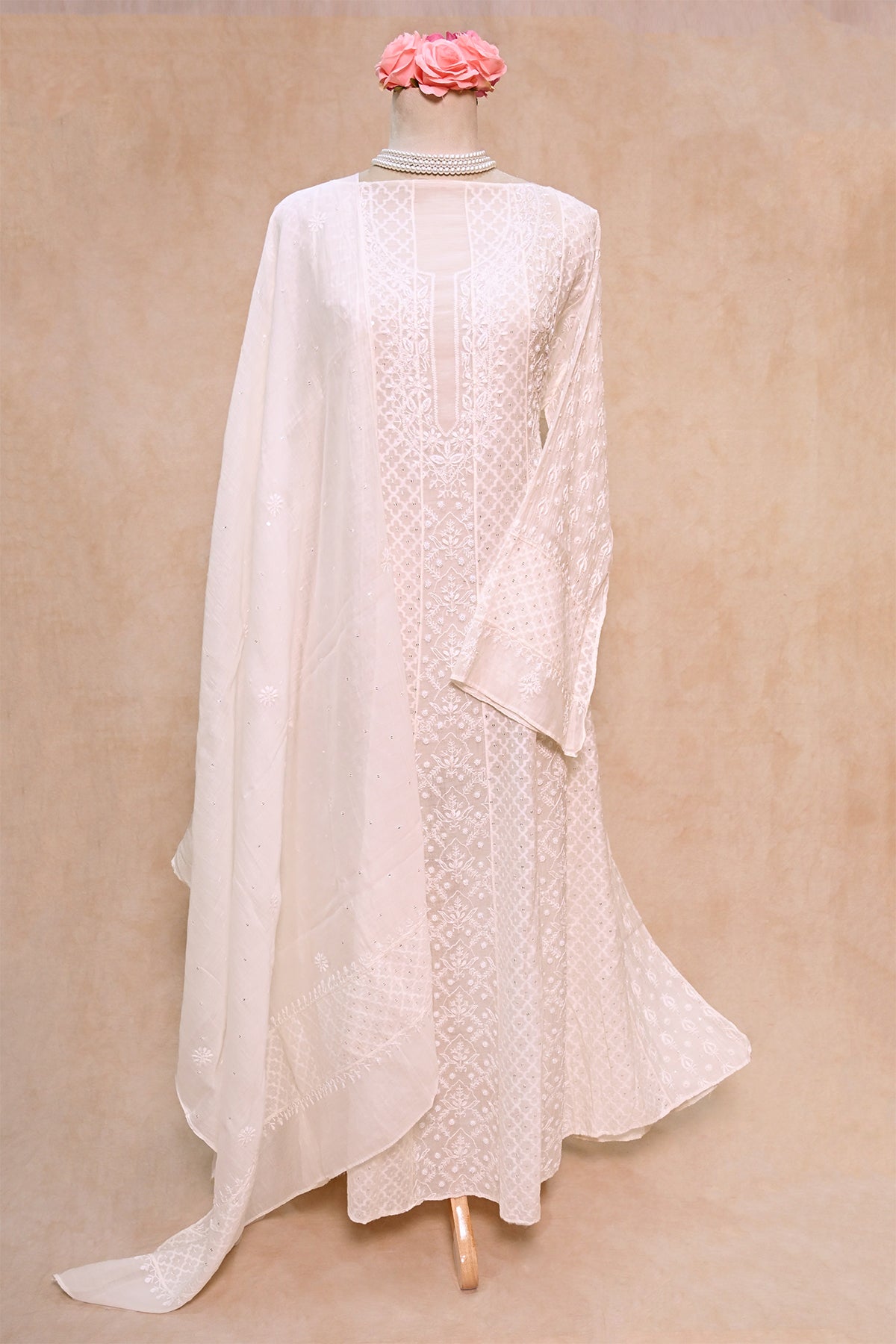 Off White Soft Chanderi Chikankari Anarkali
