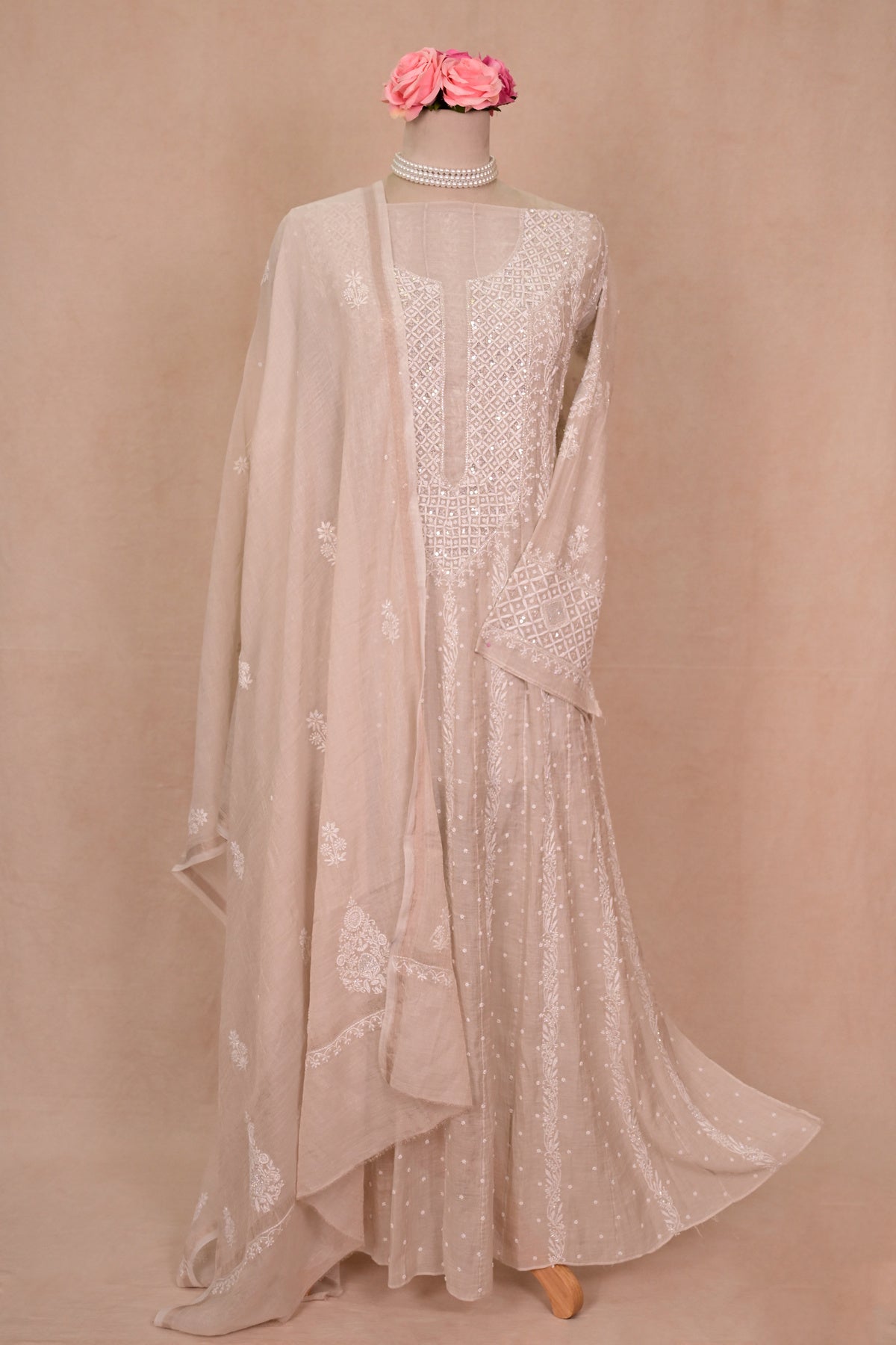 Ash White Silver Tissue Chanderi Chikankari Anarkali