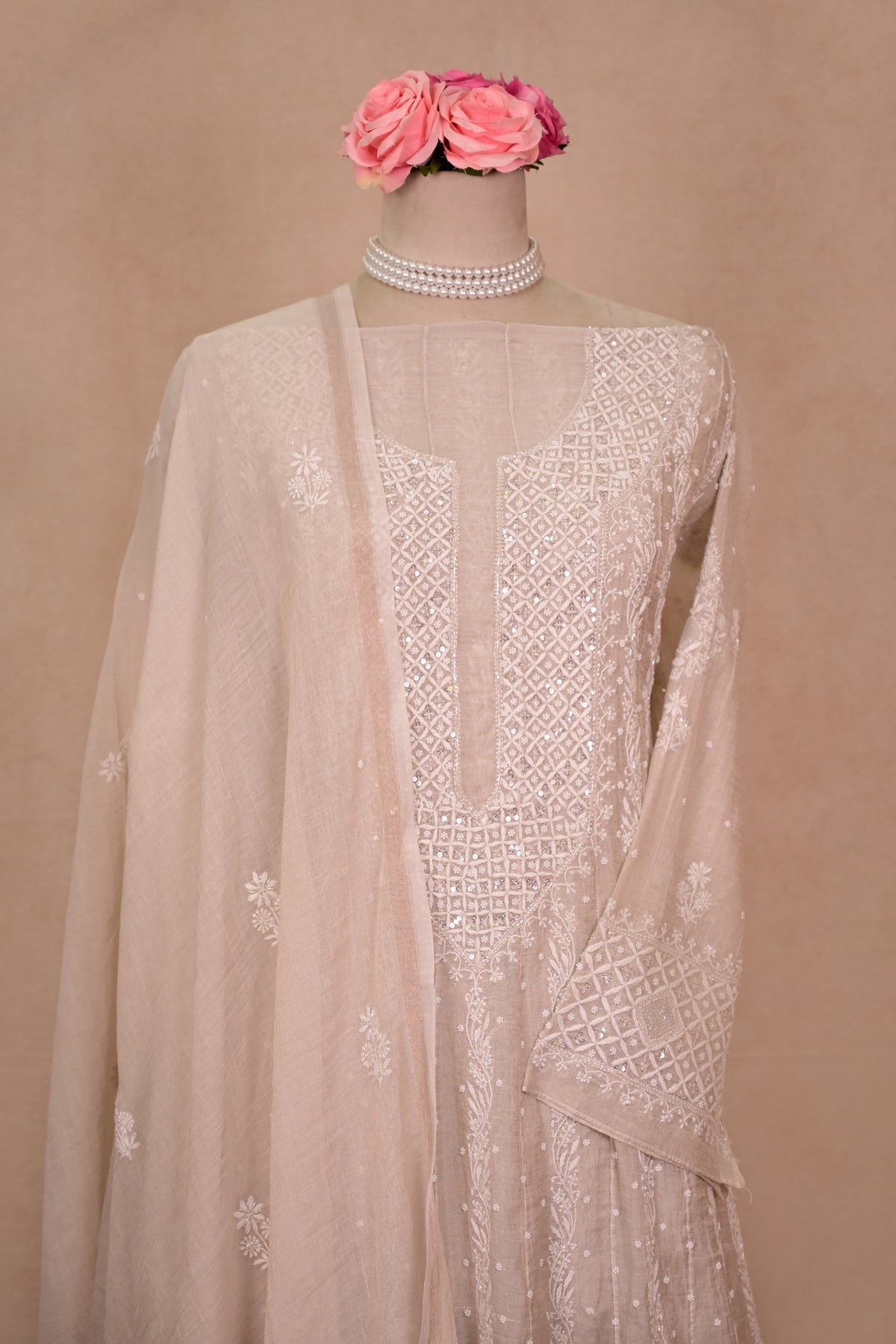 Ash White Silver Tissue Chanderi Chikankari Anarkali