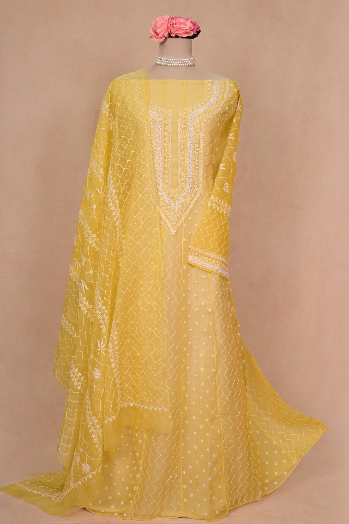 Yellow Organza Chikankari Anarkali