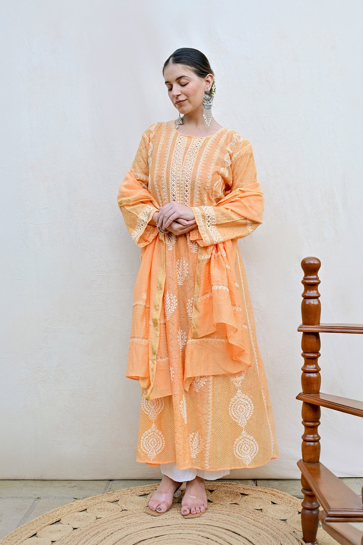 Pastel Orange Mul Chanderi Chikankari Anarkali