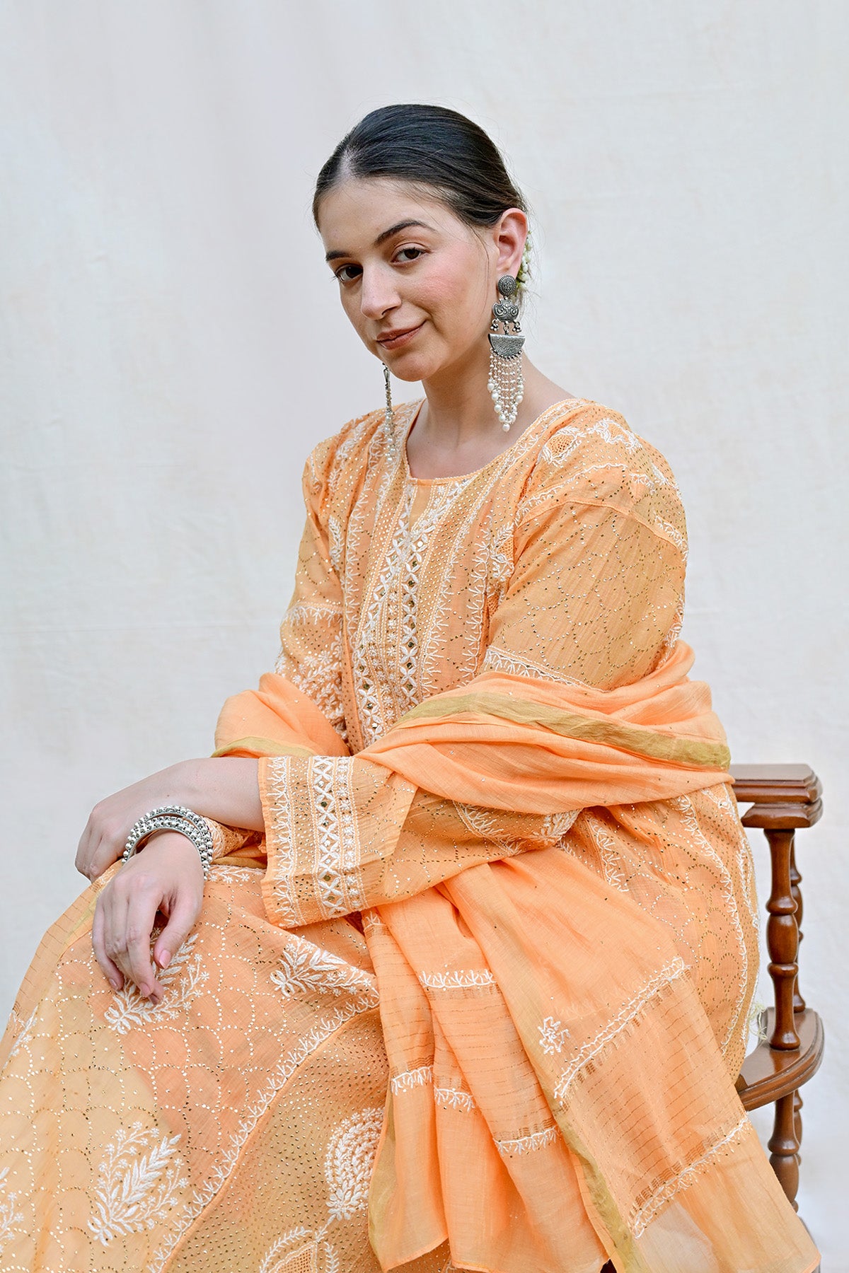 Pastel Orange Mul Chanderi Chikankari Anarkali