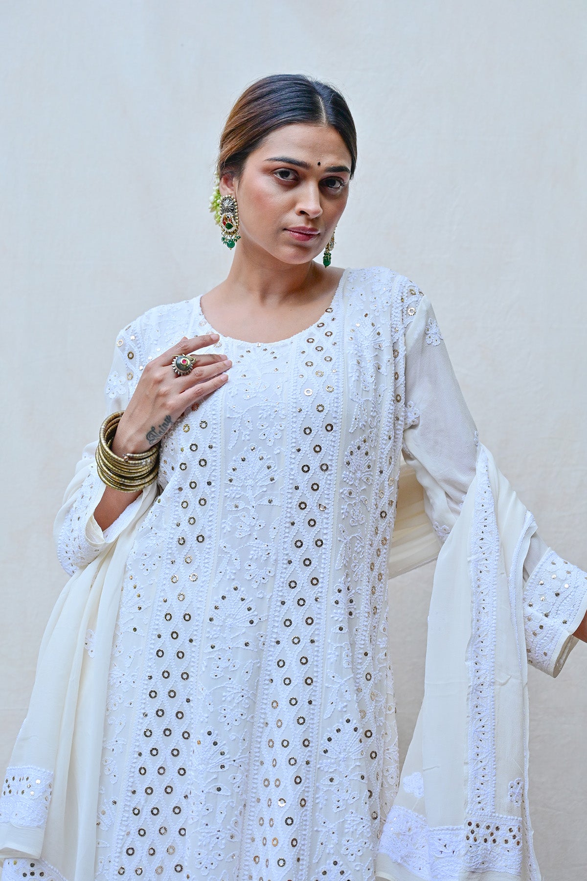 Ivory White Georgette Chikankari Anarkali