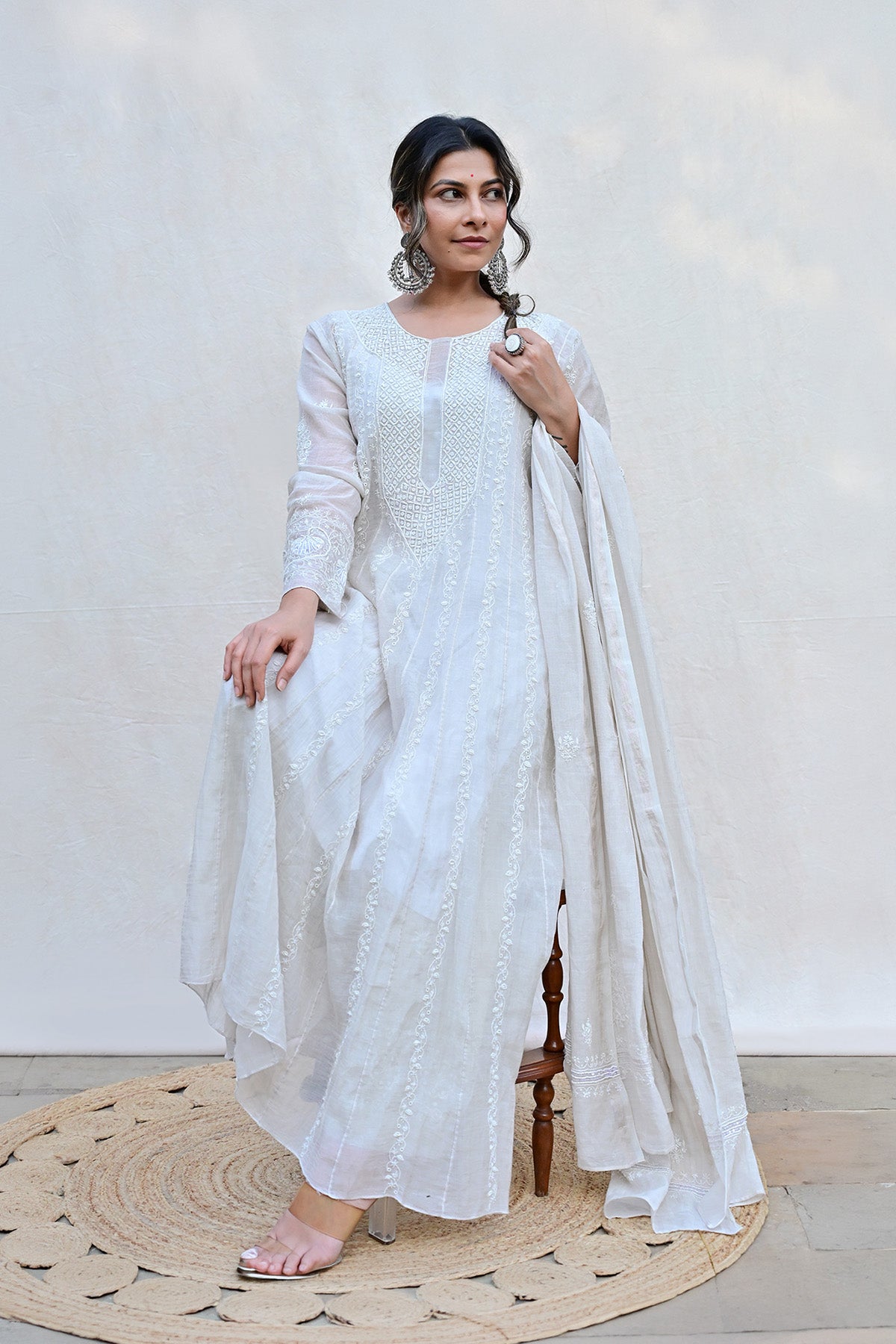 Ash White Tissue Chanderi Chikankari Anarkali