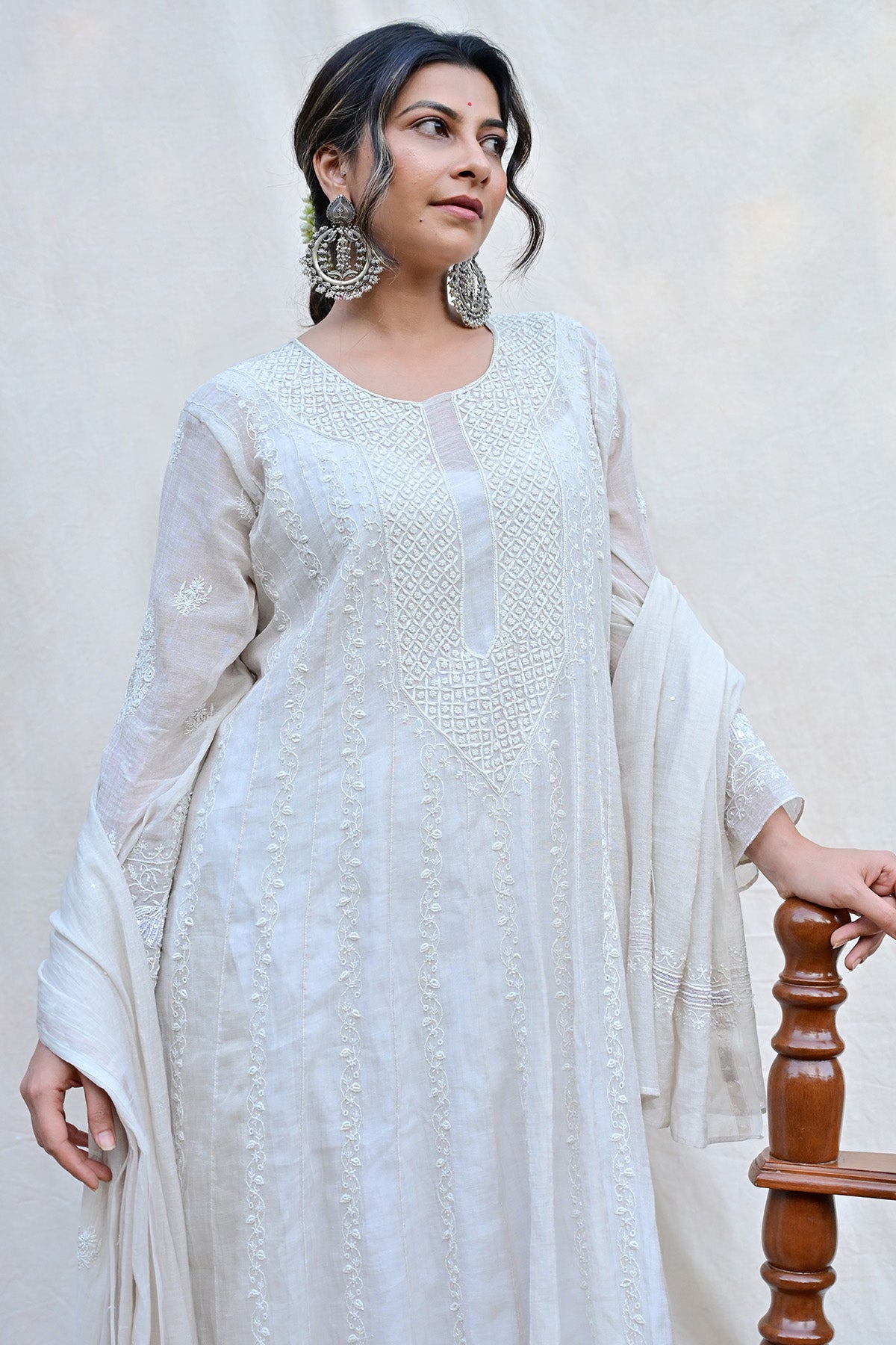 Ash White Tissue Chanderi Chikankari Anarkali