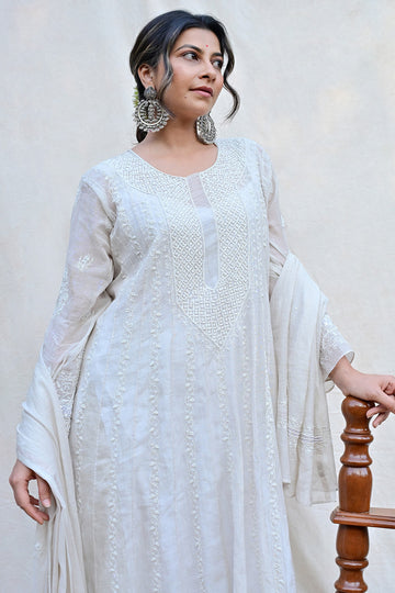 Ash White Tissue Chanderi Chikankari Anarkali