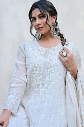 Ash White Tissue Chanderi Chikankari Anarkali