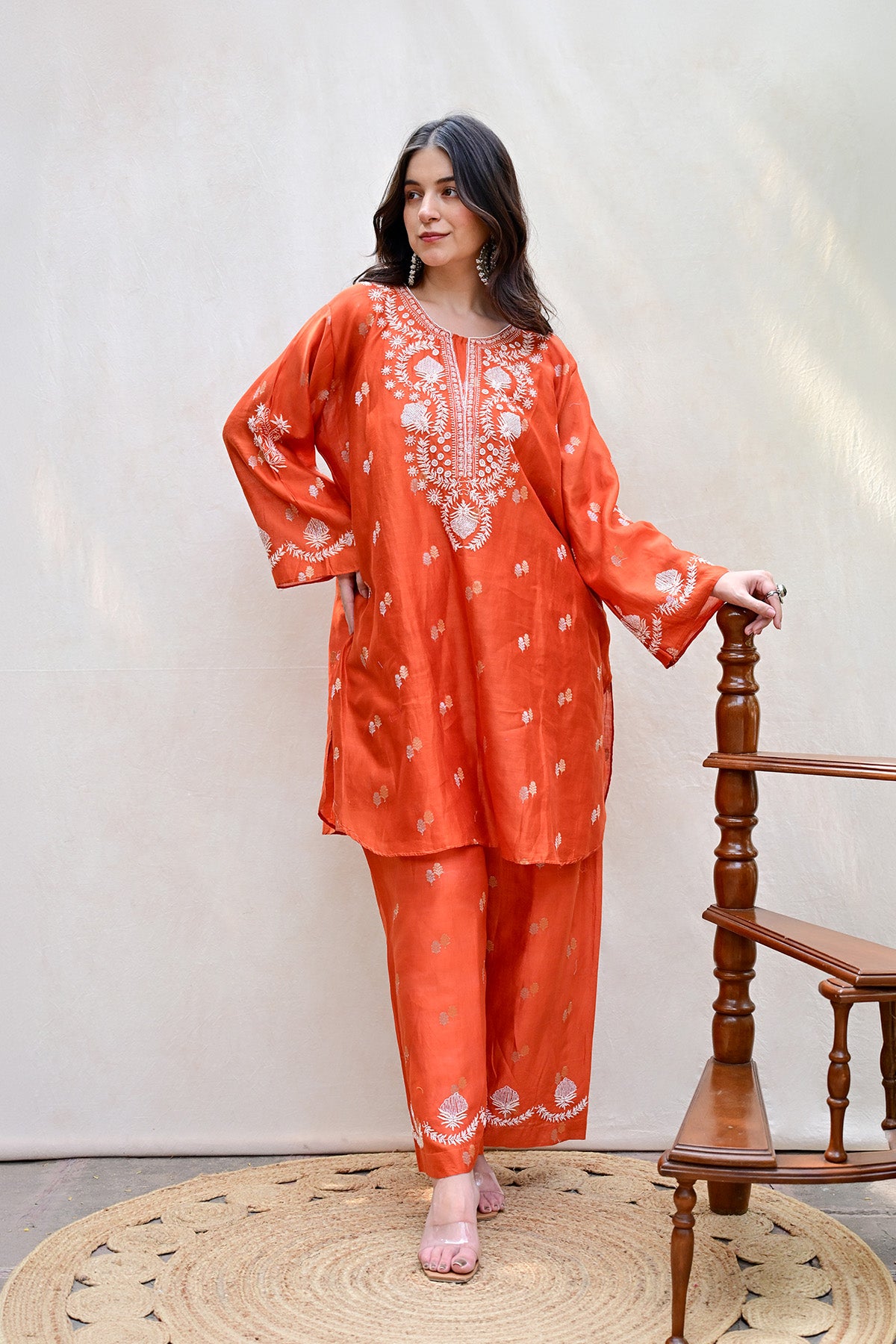 Rust Orange Banarasi Chanderi Chikankari Co-ord Set