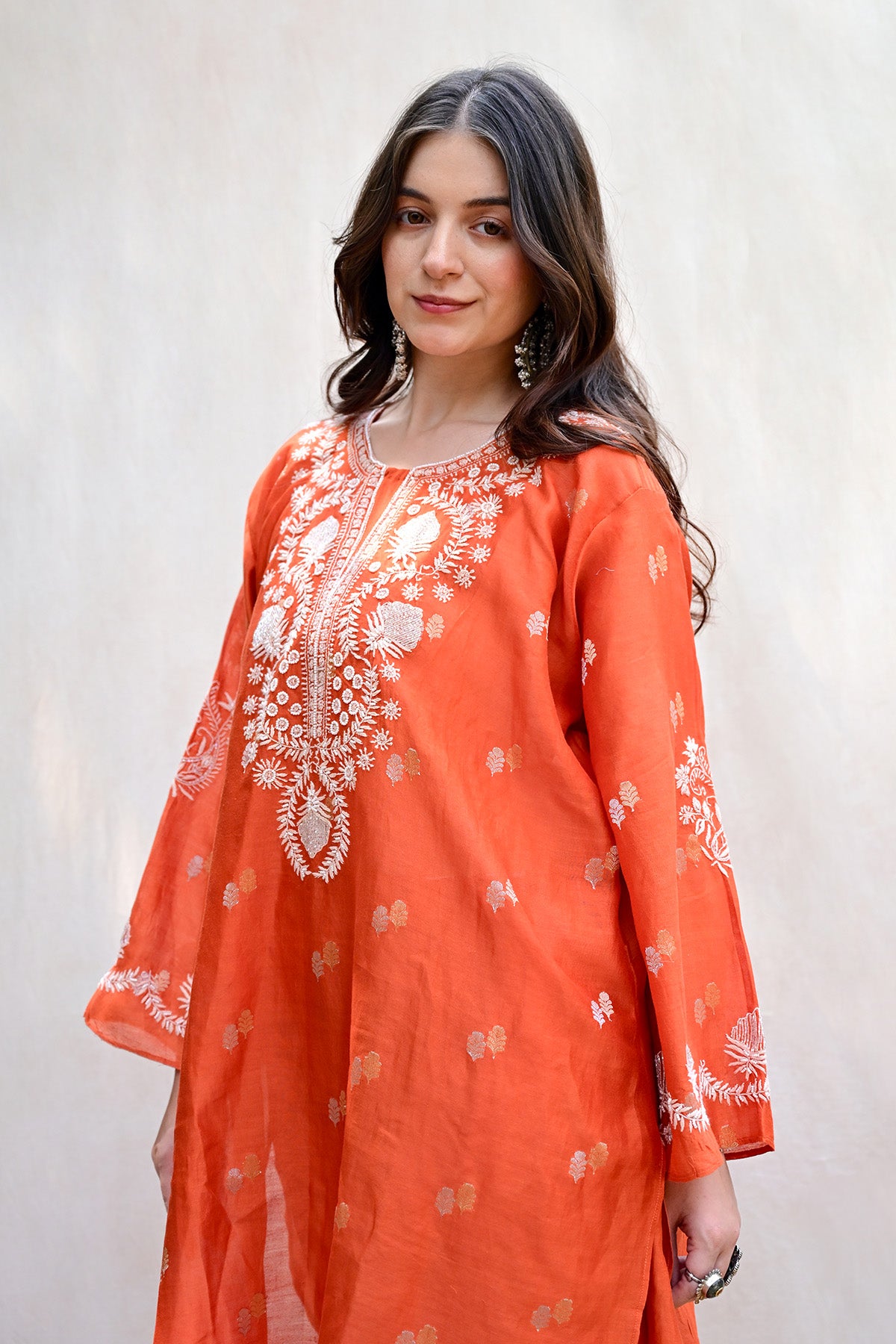 Rust Orange Banarasi Chanderi Chikankari Co-ord Set