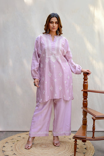 Light Lavender Chanderi Tissue Chikankari Co-ord Set