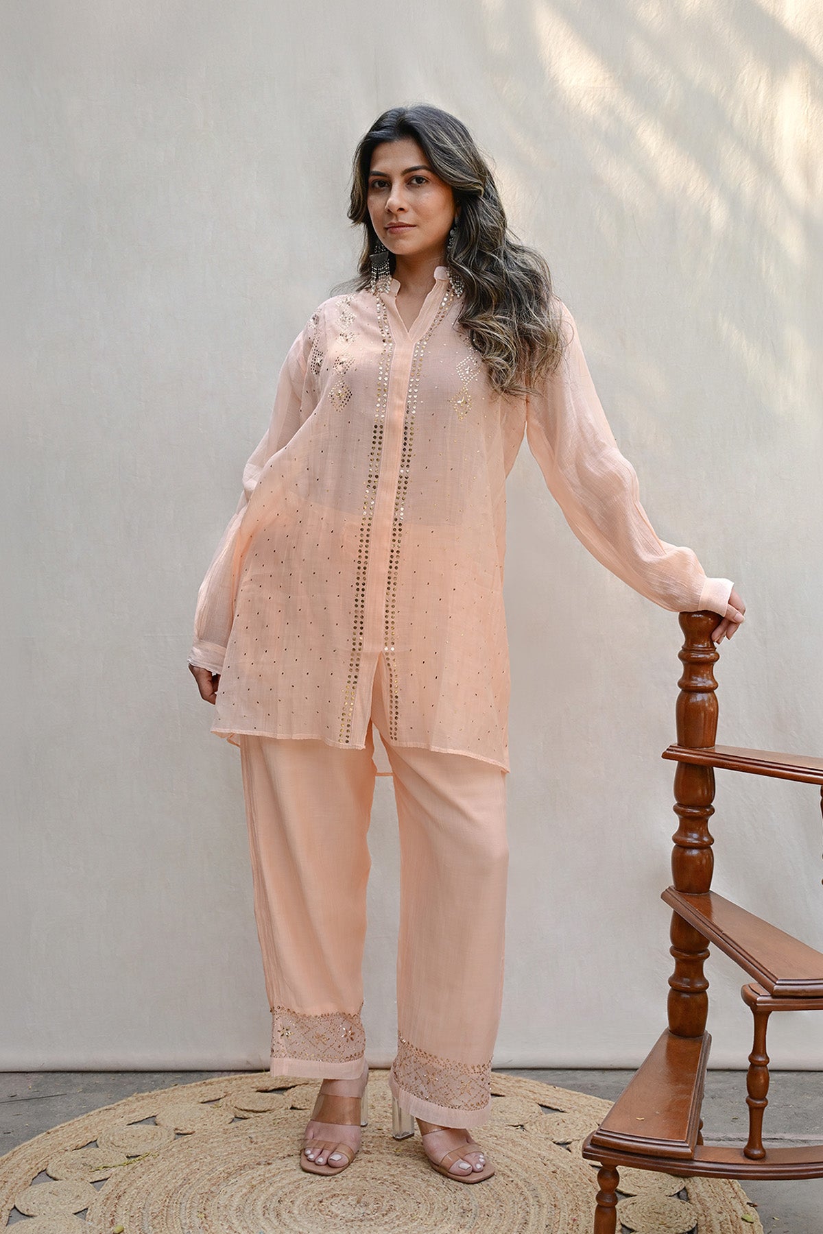 Light Peach Mul Chanderi Co-ord Set