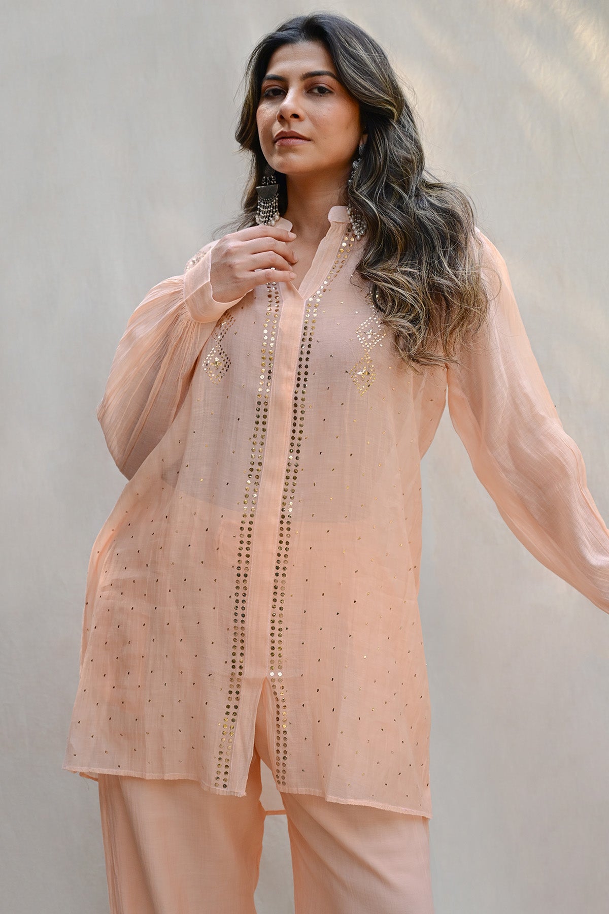 Light Peach Mul Chanderi Co-ord Set