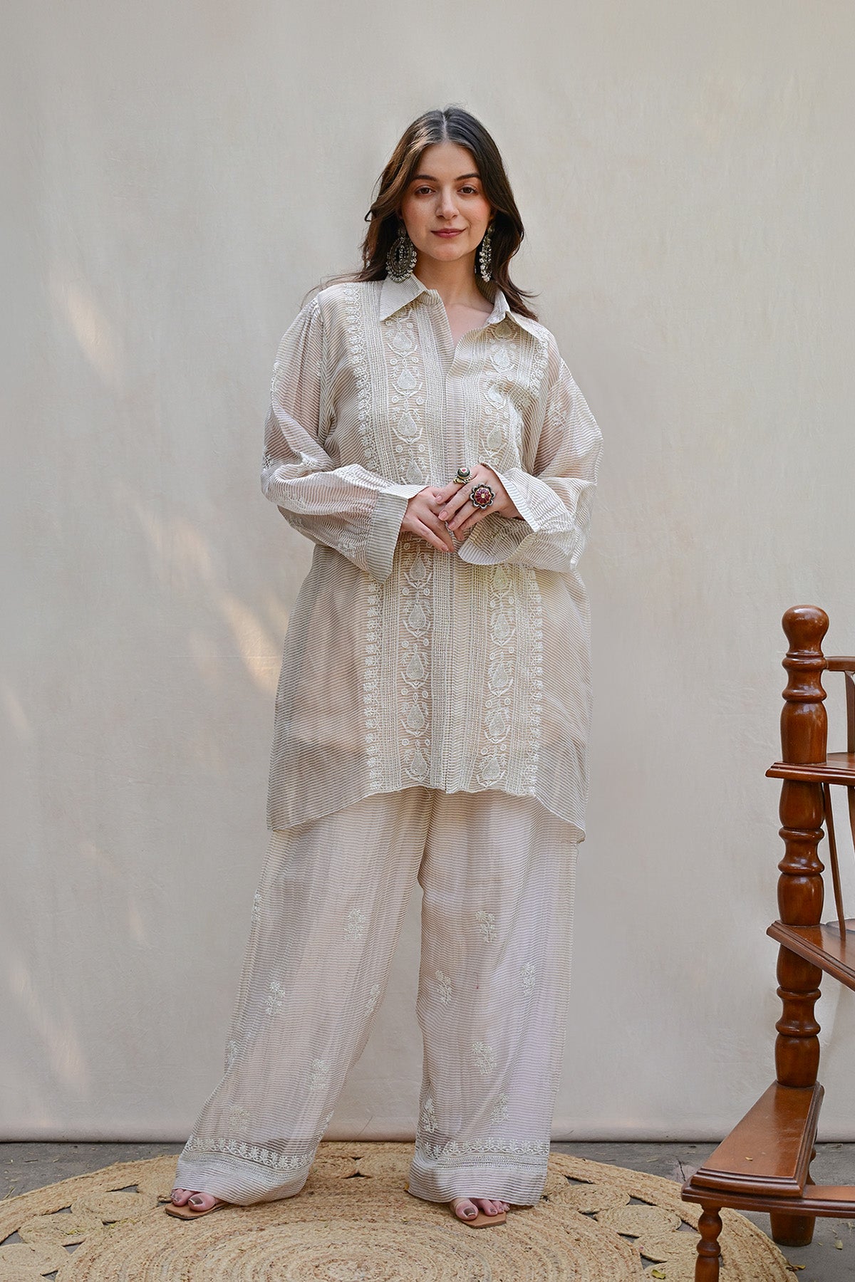 Beige Chanderi Tissue Chikankari Co-ord Set