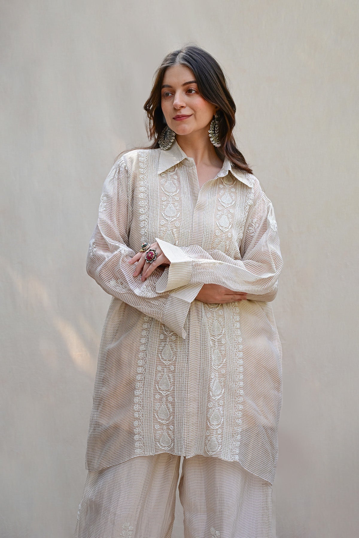 Beige Chanderi Tissue Chikankari Co-ord Set