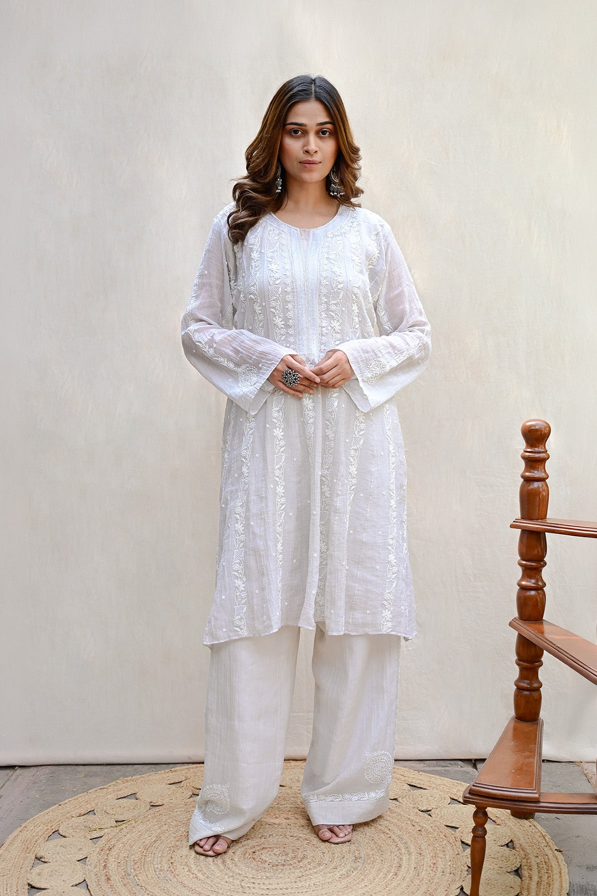 Ash White Tissue Chanderi Chikankari Co-ord Set