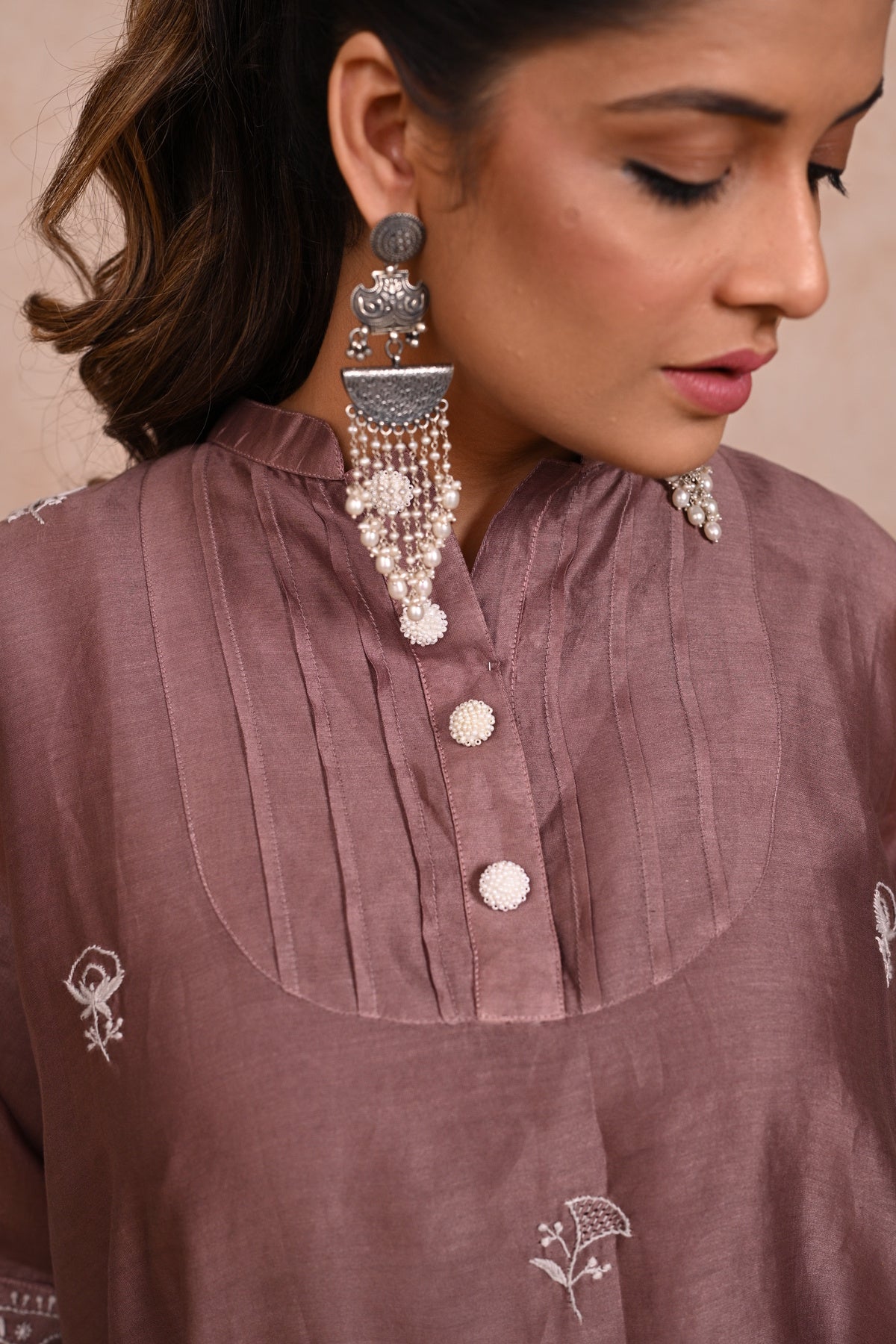 Rust Brown Chanderi Chikankari Kaftan