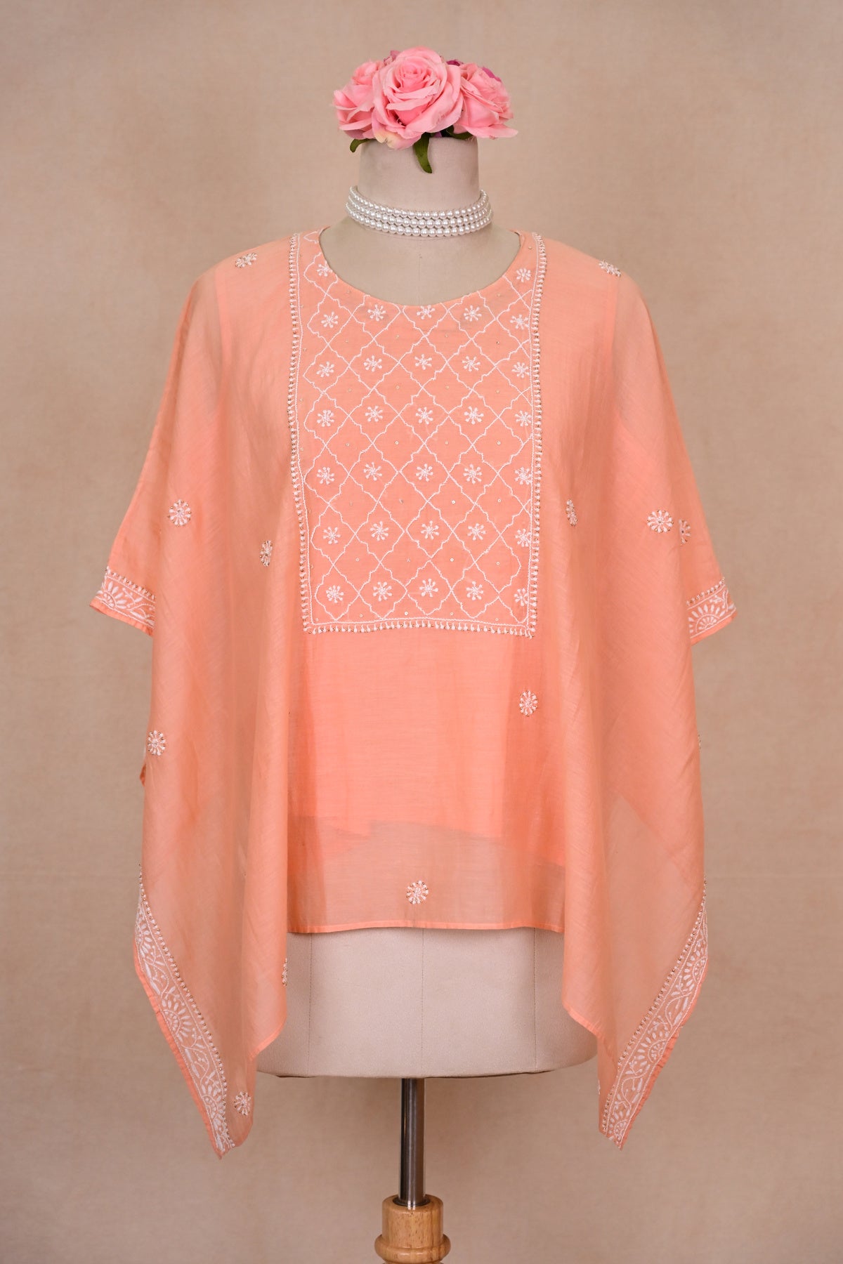 Light Peach Chanderi Chikankari Kaftan