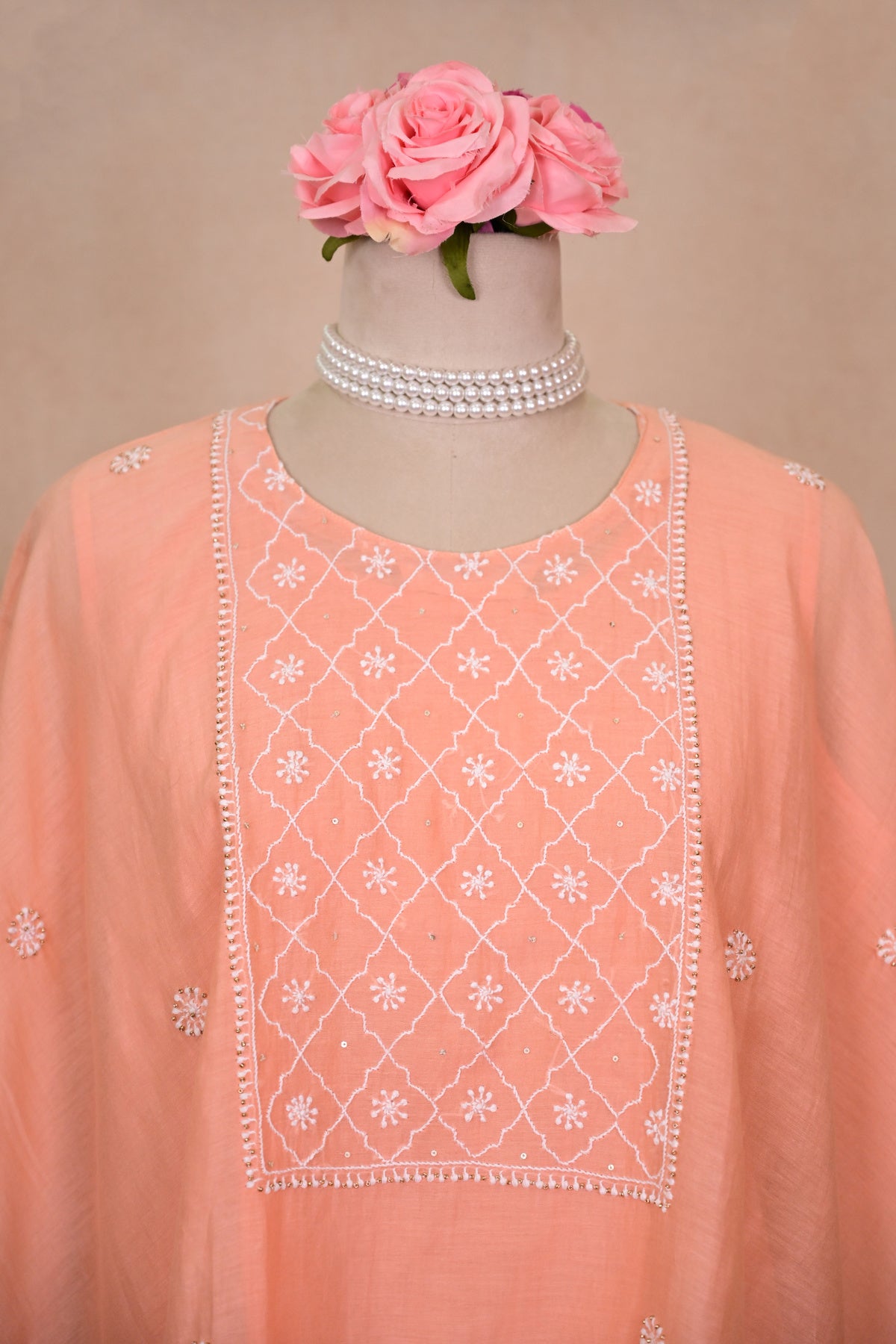 Light Peach Chanderi Chikankari Kaftan