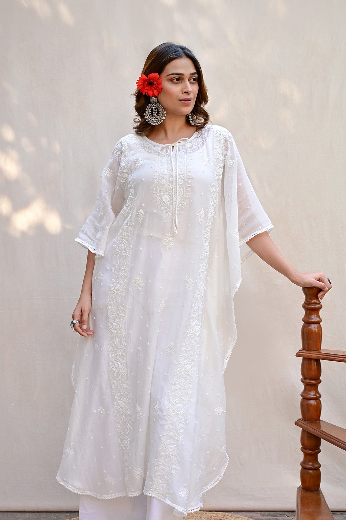 White Mul Chanderi Chikankari Kaftan