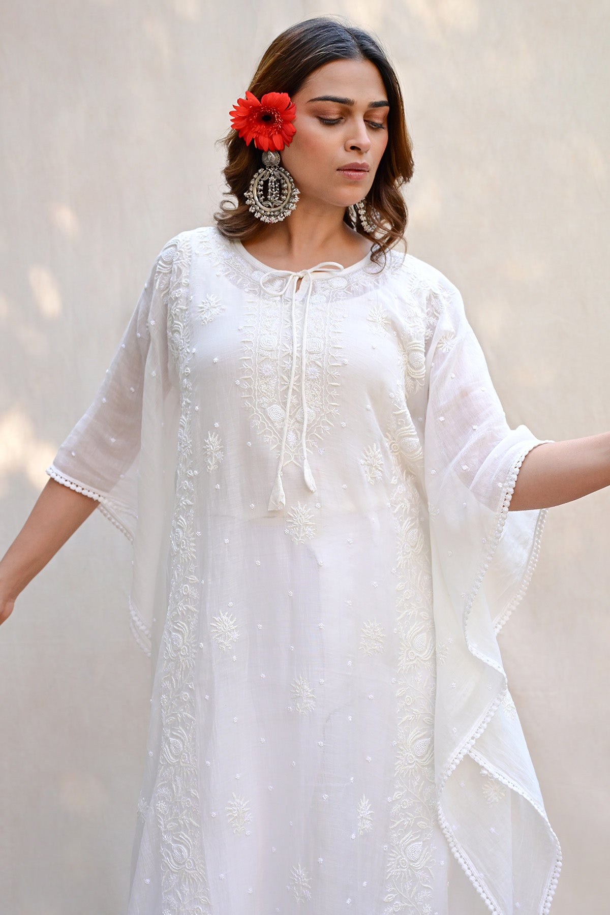 White Mul Chanderi Chikankari Kaftan