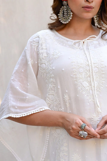 White Mul Chanderi Chikankari Kaftan