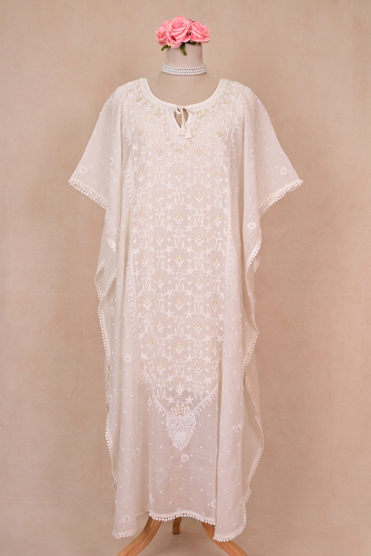 White Mul Chanderi Chikankari Kaftan