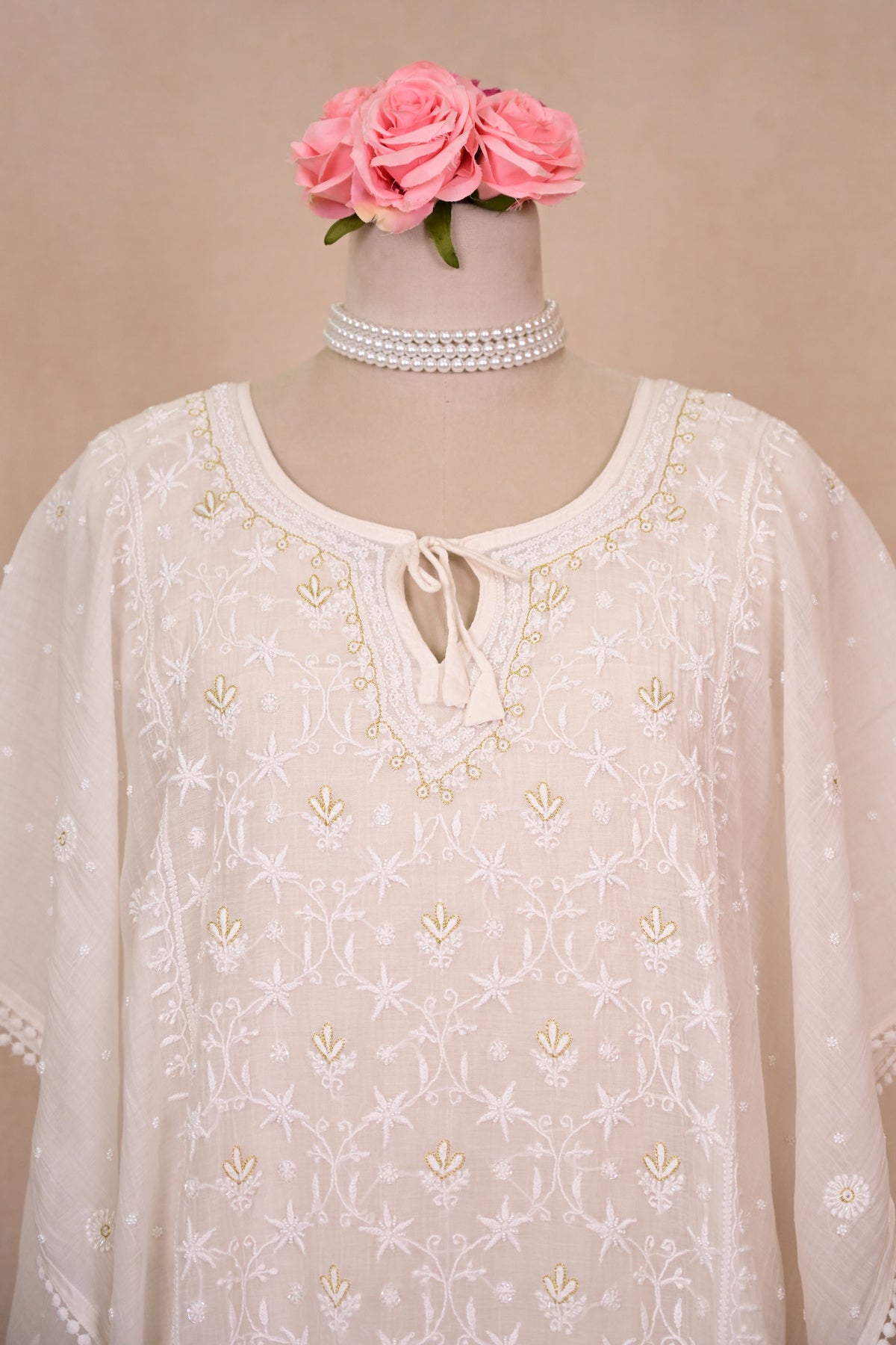 White Mul Chanderi Chikankari Kaftan