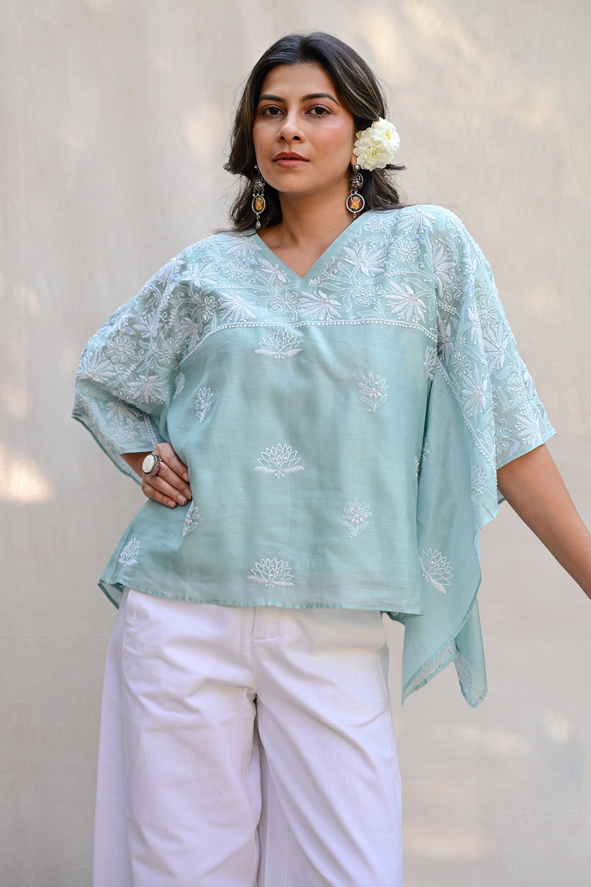 Light Mint Green Chanderi Chikankari Kaftan