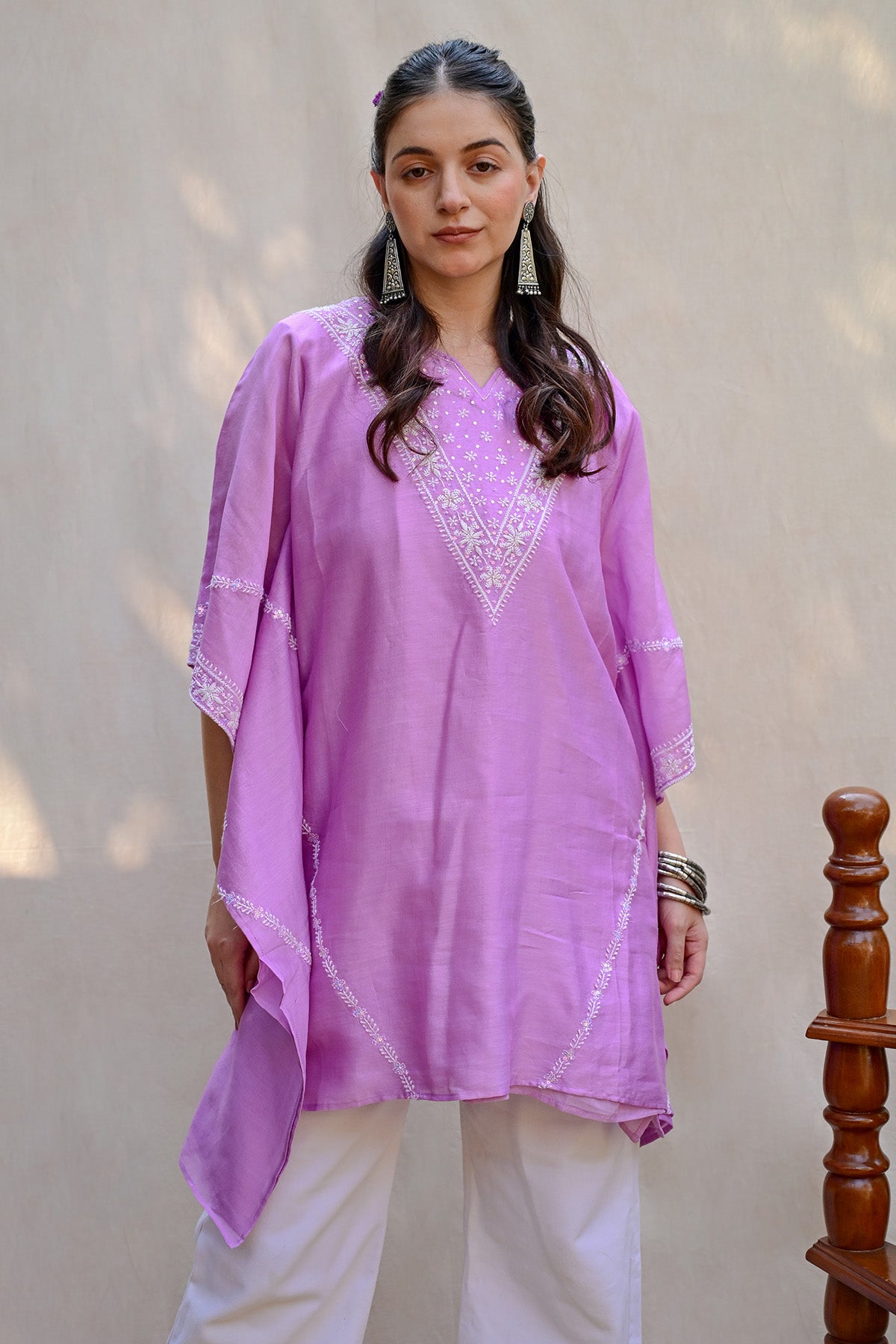 Dark Lavender Banarasi Chanderi Chikankari Kaftan