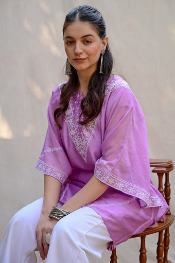 Dark Lavender Banarasi Chanderi Chikankari Kaftan